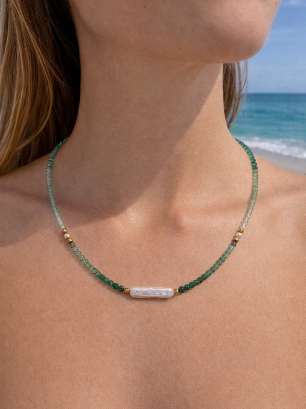 Ombré Green Aventurine and Freshwater Pearl Gold Necklace #90